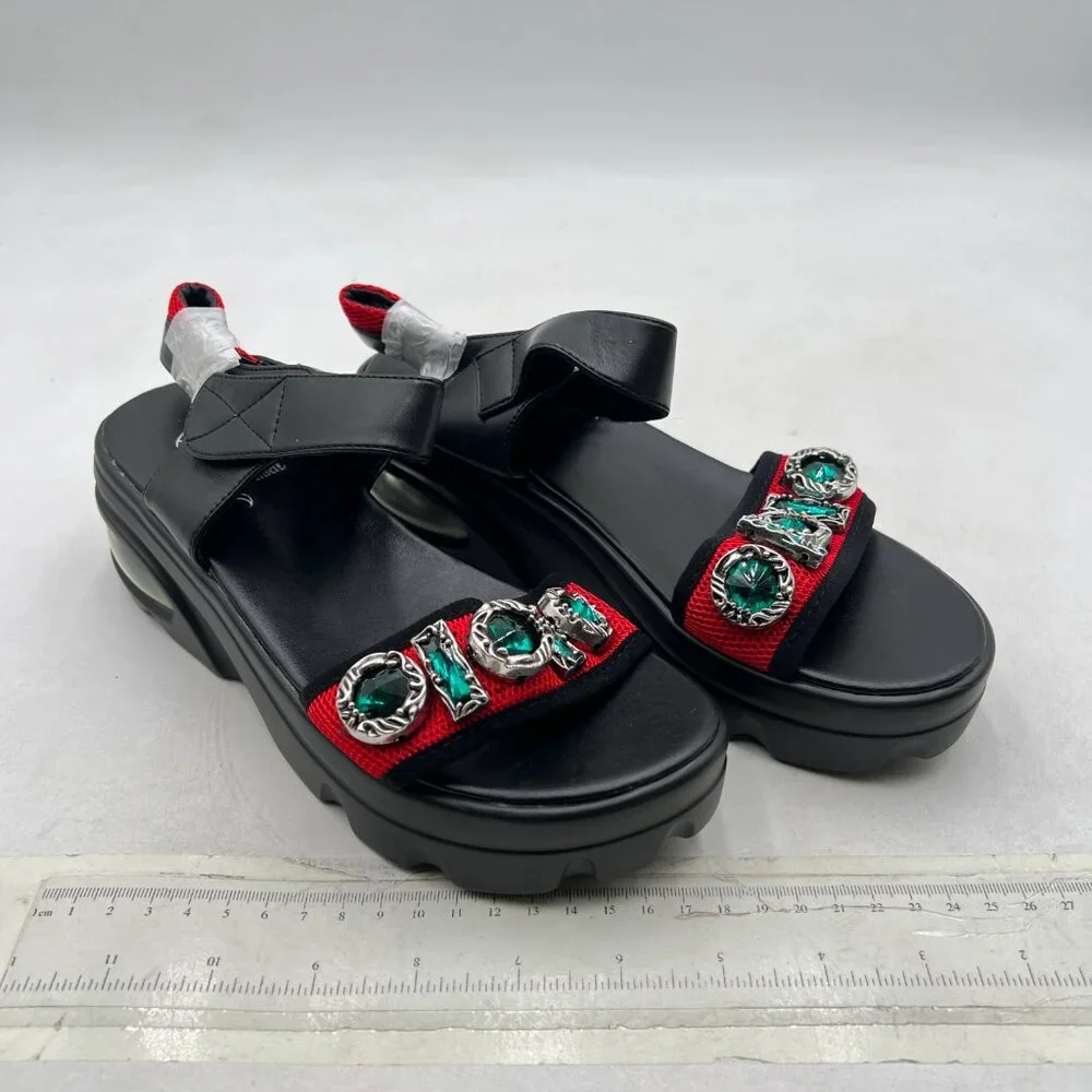 Black Crystal Women Platform Heels Sandal Open Toe Ankle Strap Clogs Shoes